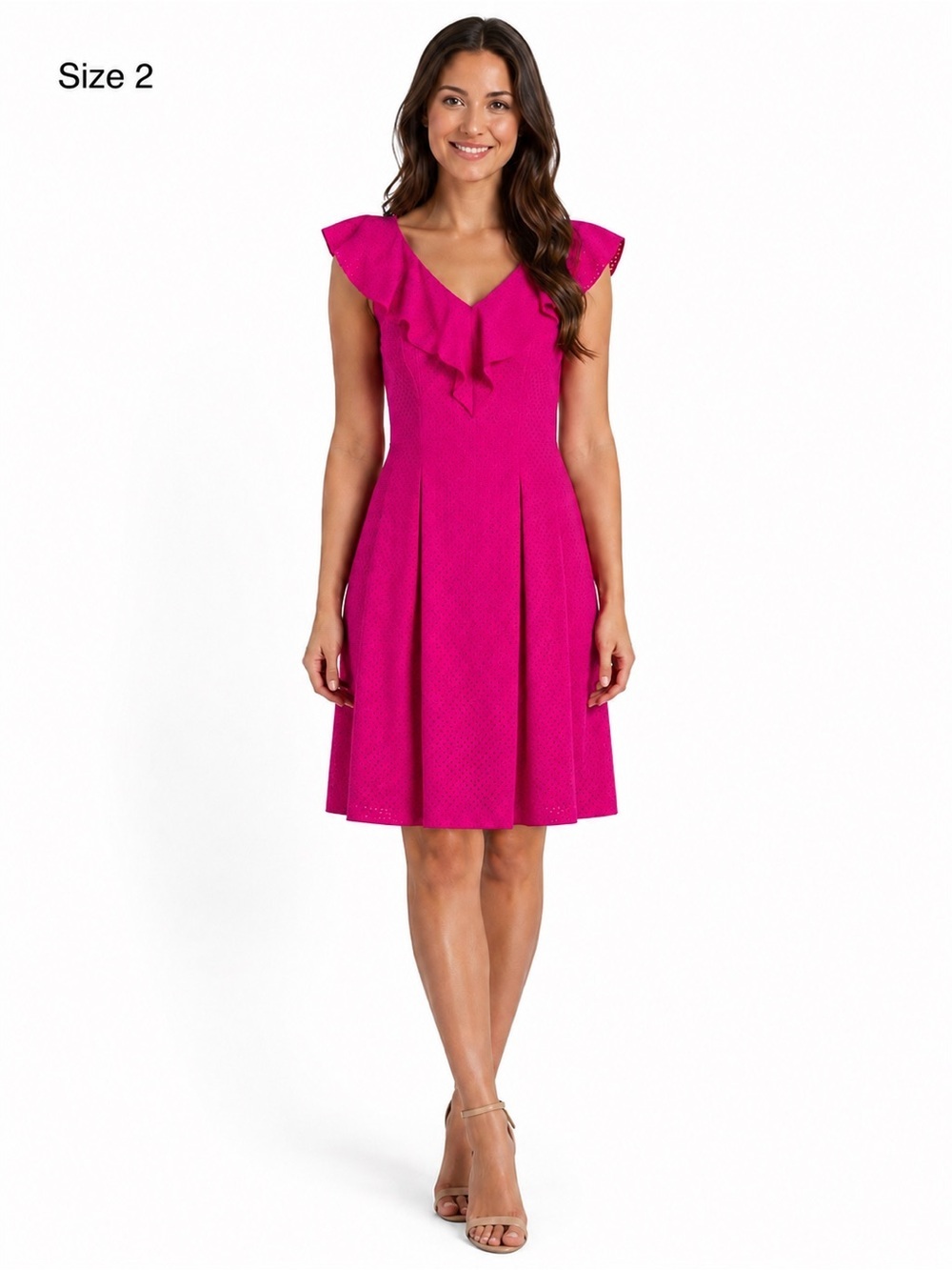 Eliza J Fuchsia Laser Cut Ruffle V-Neck Sleeveless Fit & Flare Dress Size 2